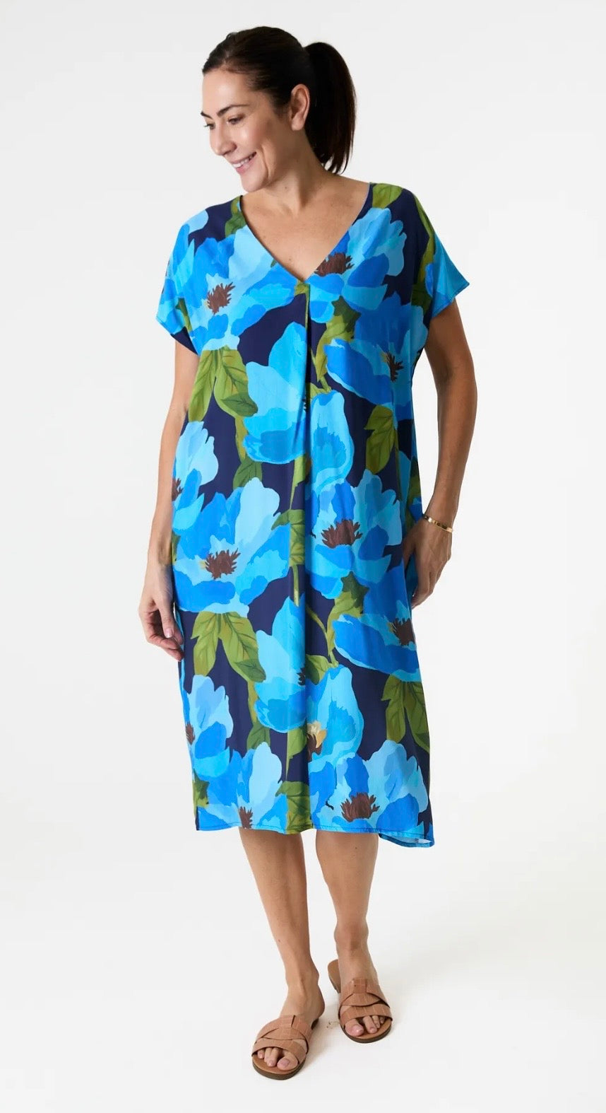 Flower Print, Midi, Tunic Style, Black, Red and Orange, Dress With Pockets by Dreams