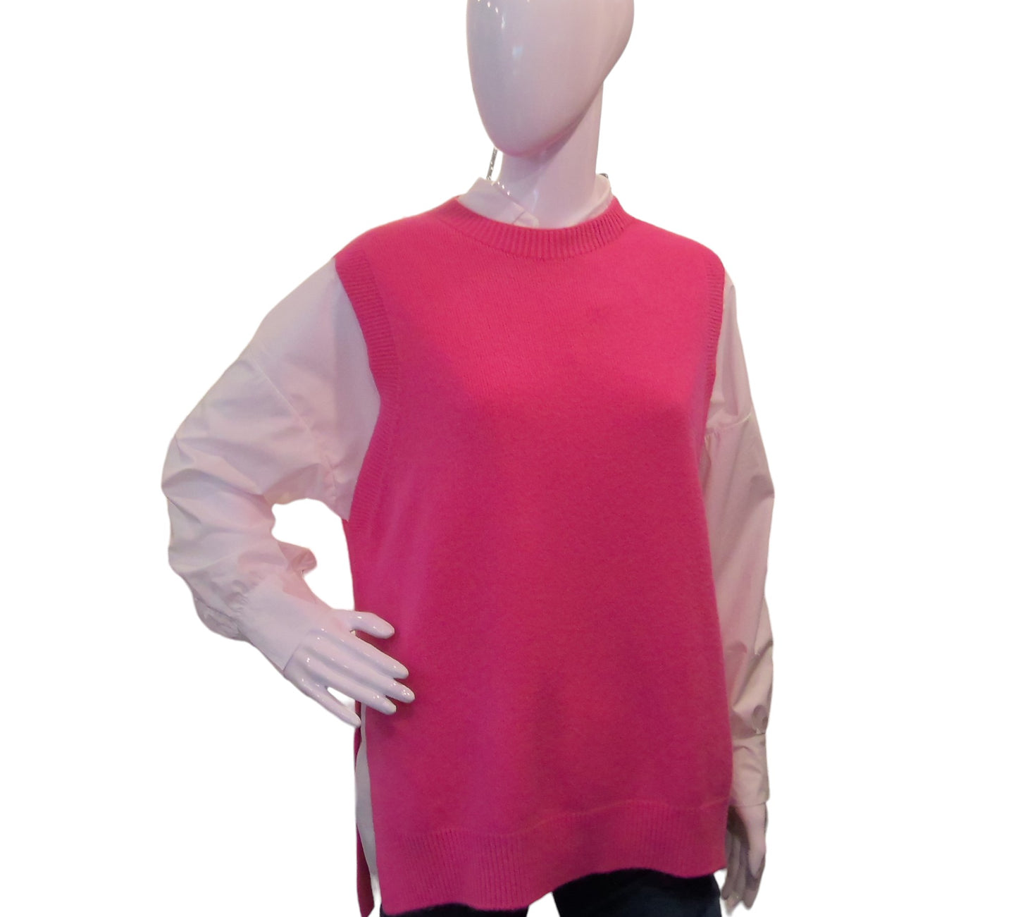 GEMMA Longline Crew Neck Knitted Tank Top , Pink