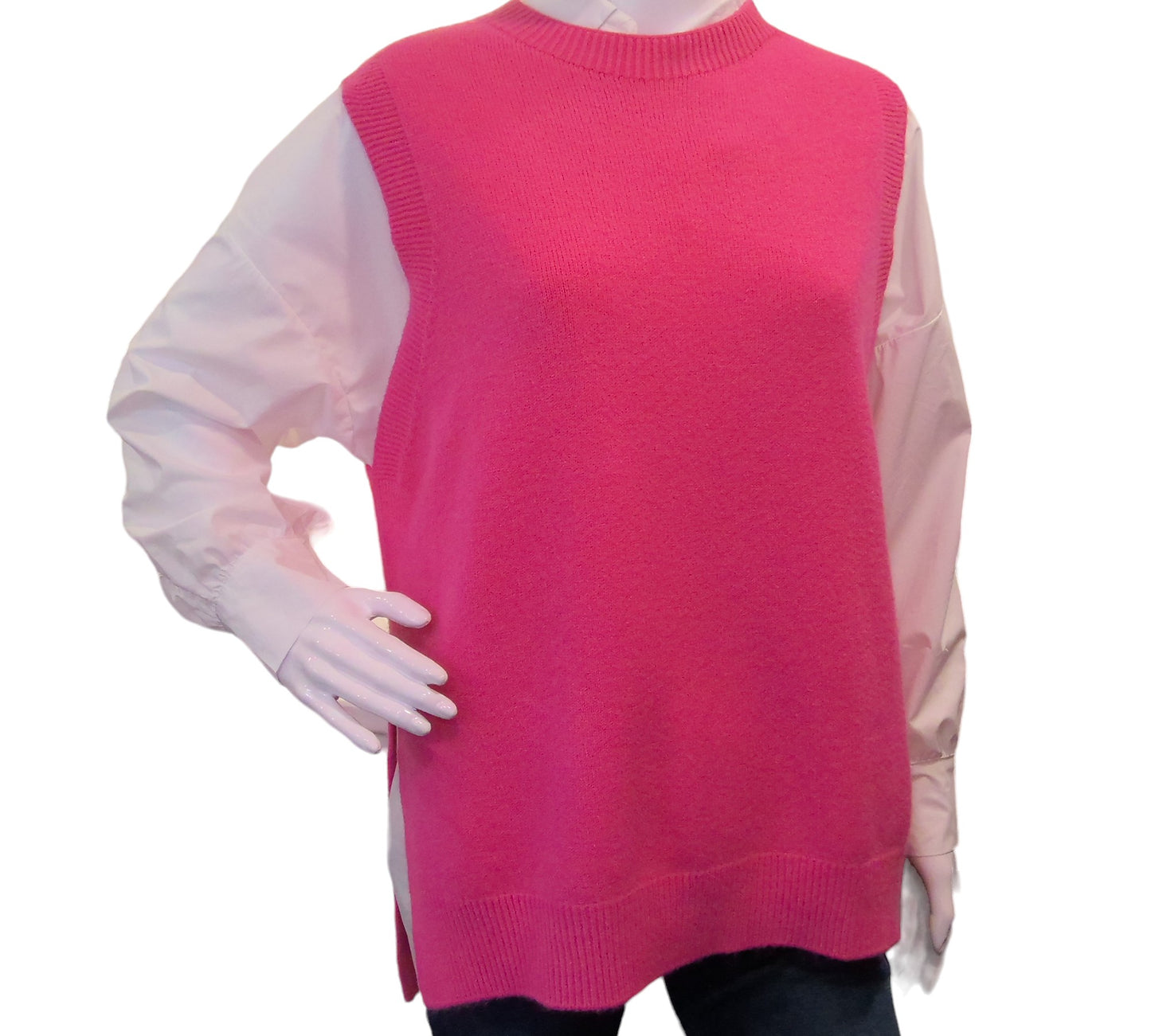 GEMMA Longline Crew Neck Knitted Tank Top , Pink