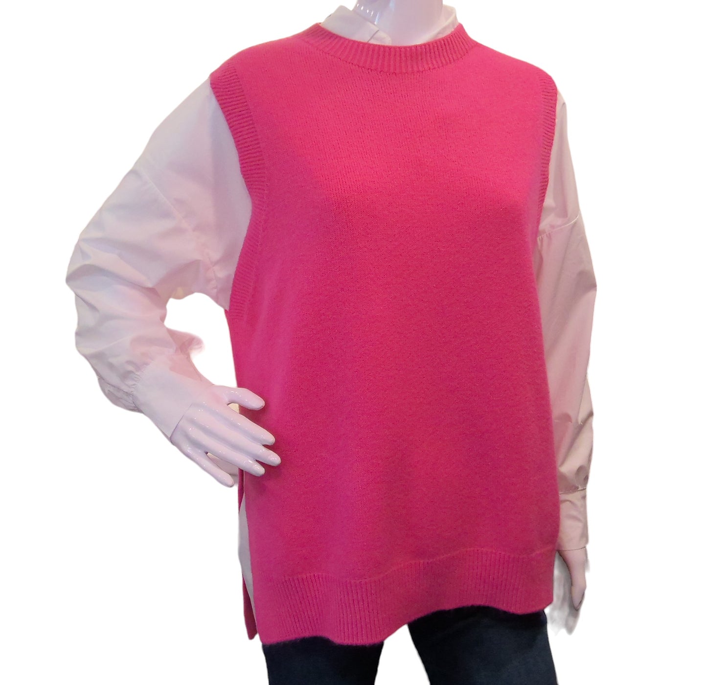 GEMMA Longline Crew Neck Knitted Tank Top , Pink