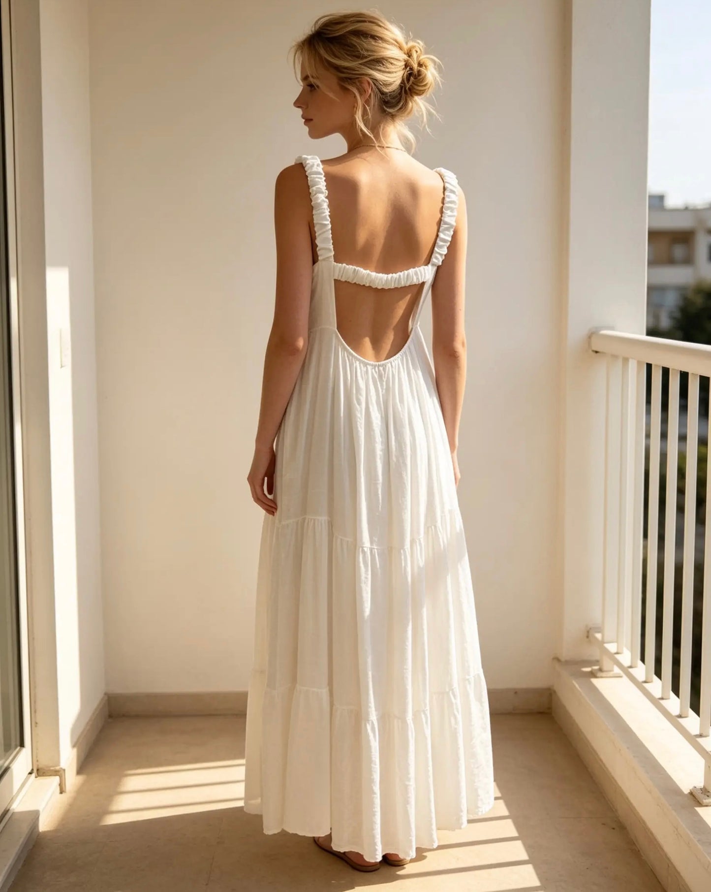 White, Tiered, Drop Back , Linen Mix, Ladies Dress