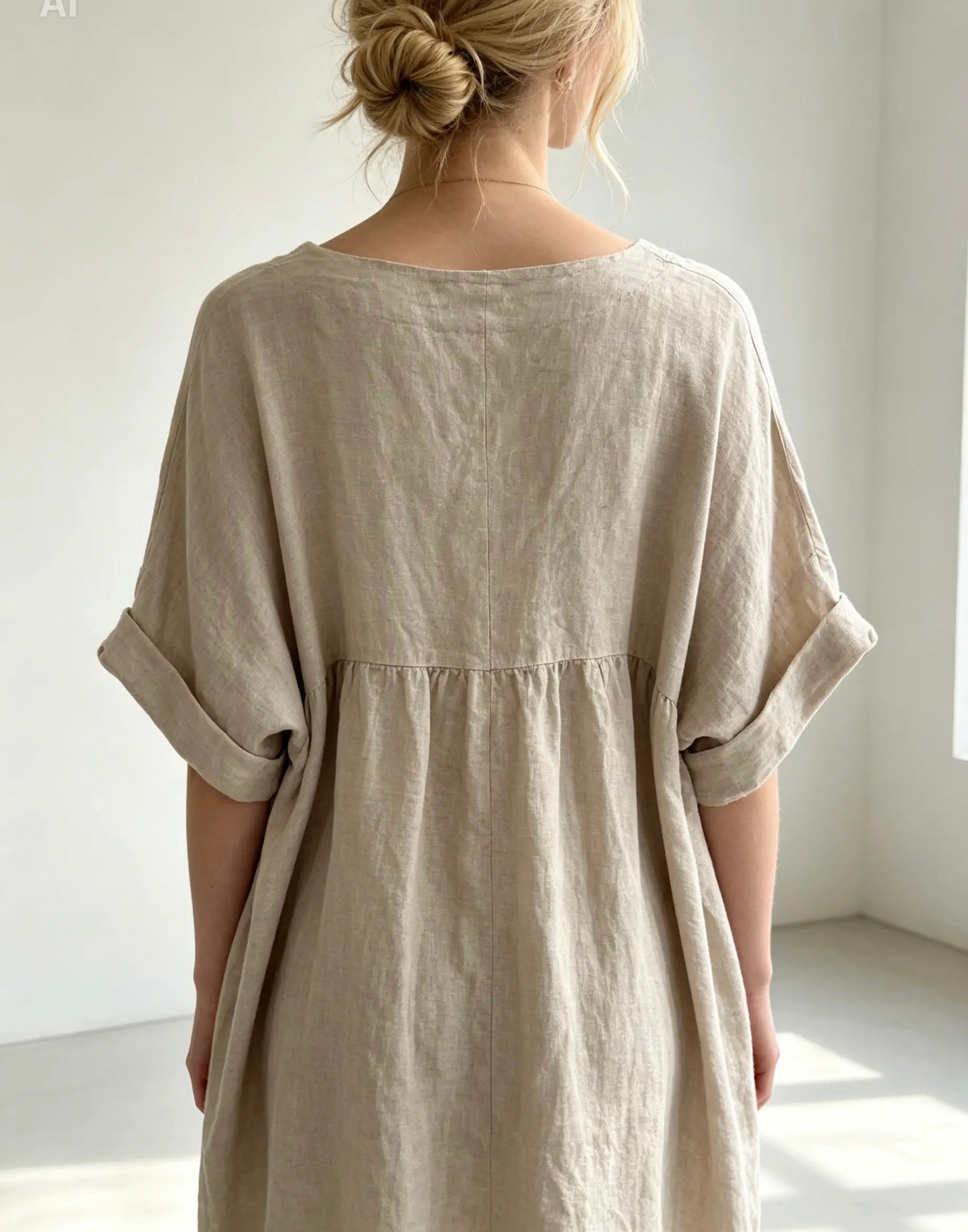 Linen Tunic Wide Neckline Natural Knee Length, Midi Dress