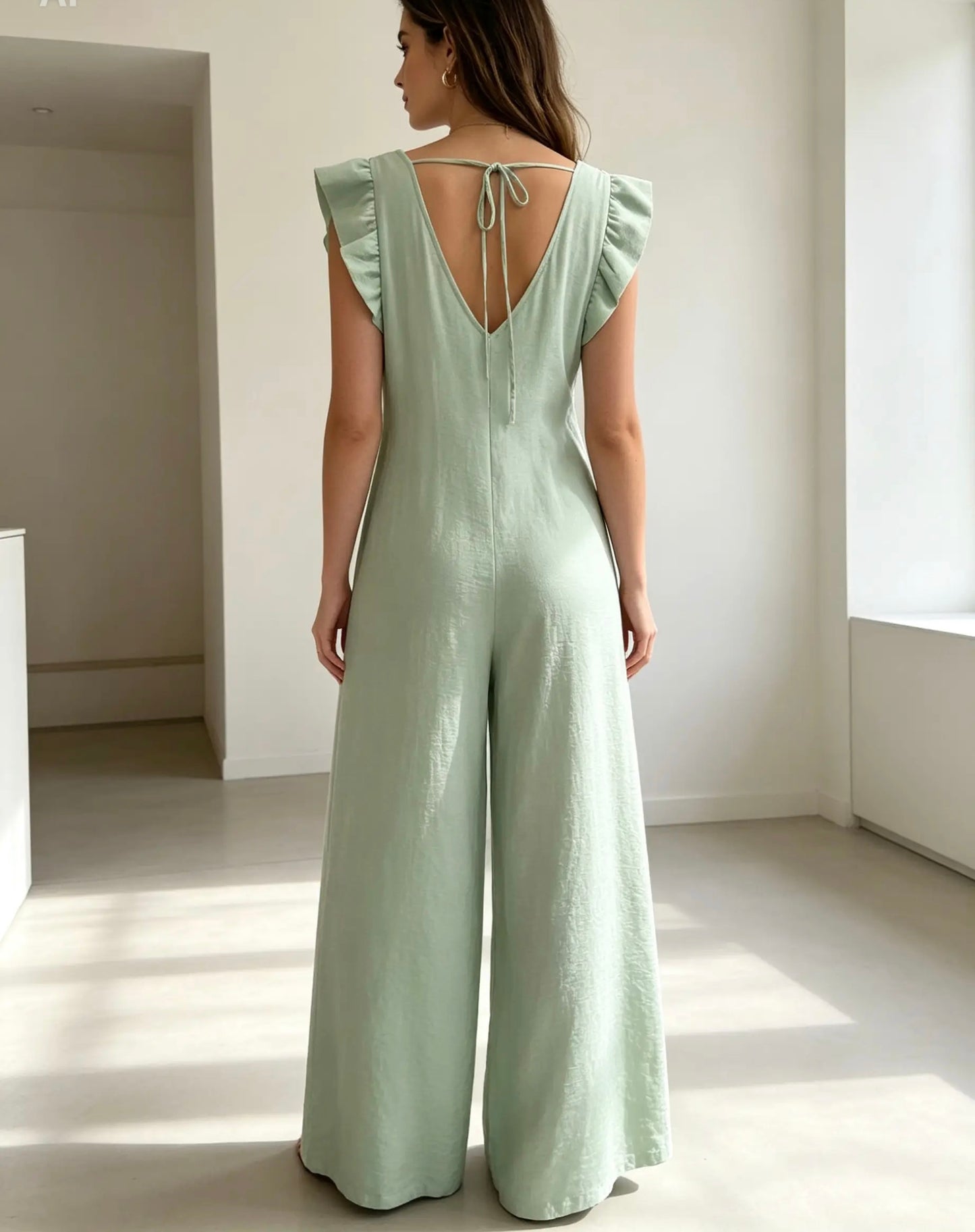 Light Green , Wide Legged, Jumpsuit, With Frill Sleeves .
