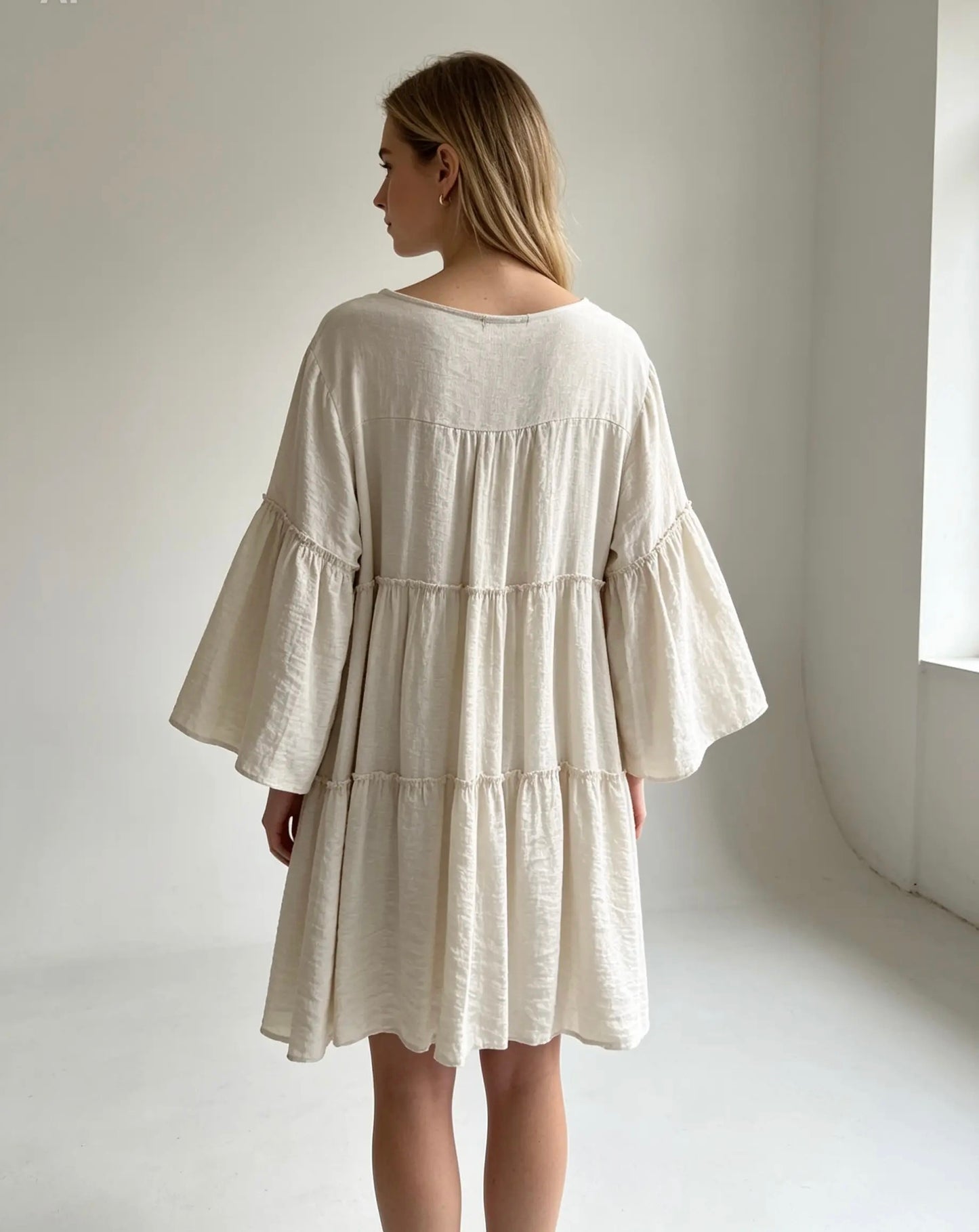 Tiered Smock Style Light Beige Knee Length, Midi Dress