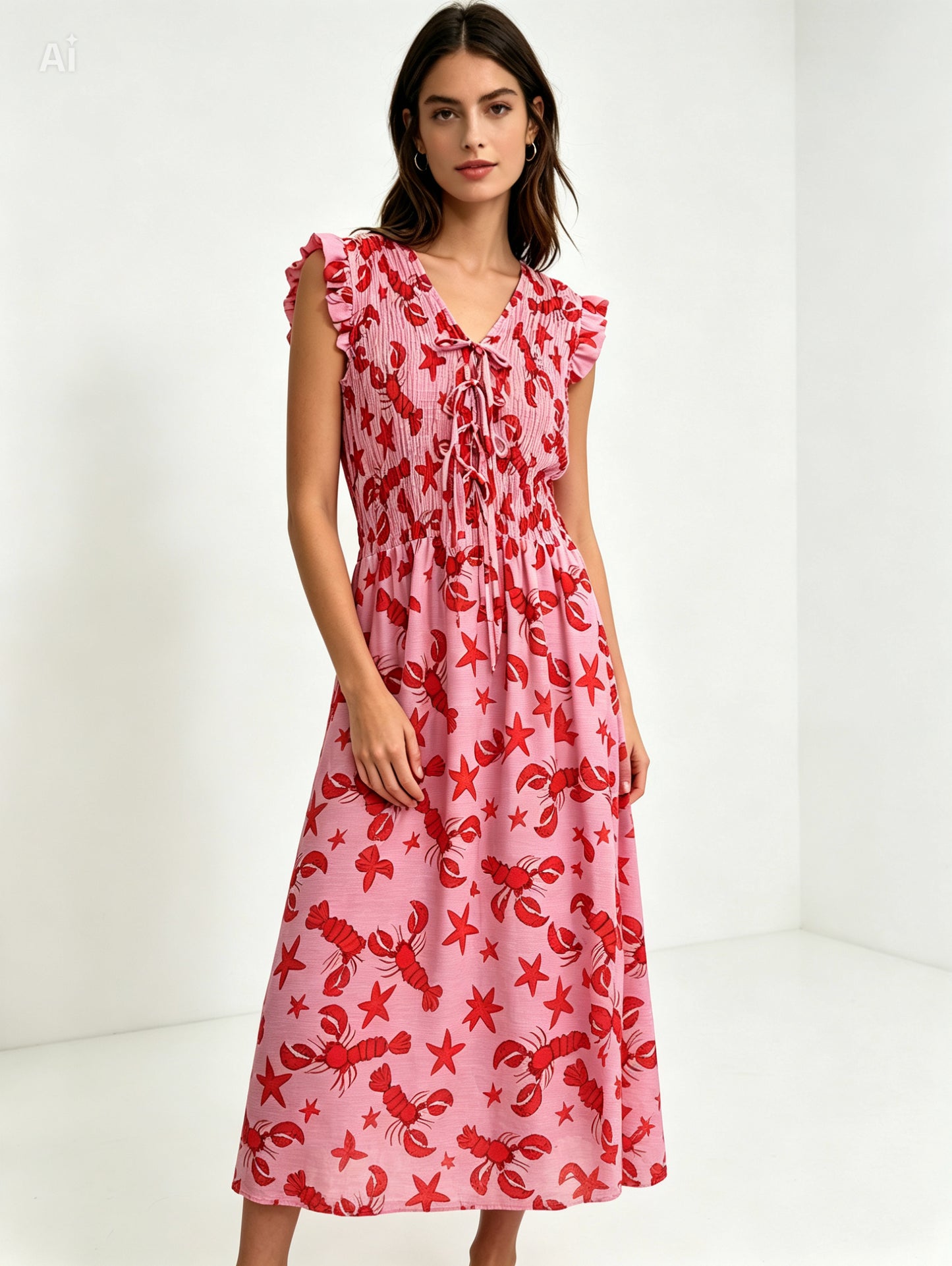 Pink and Red Lobster Print Shirred Dress