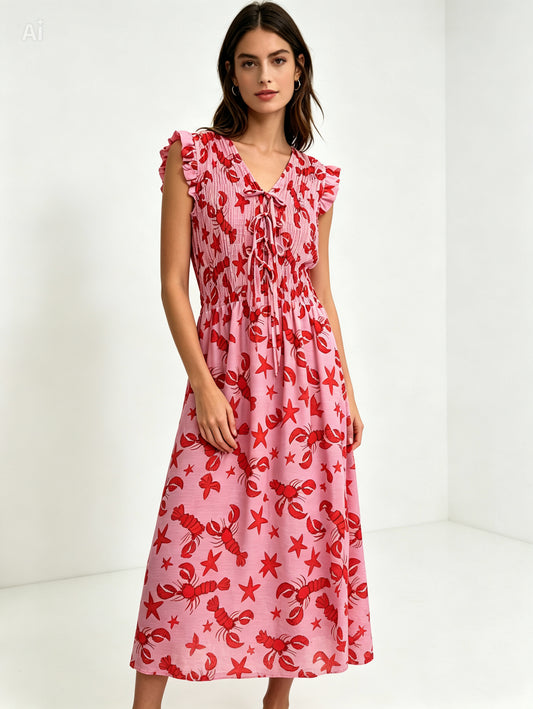 Pink and Red Lobster Print Shirred Dress
