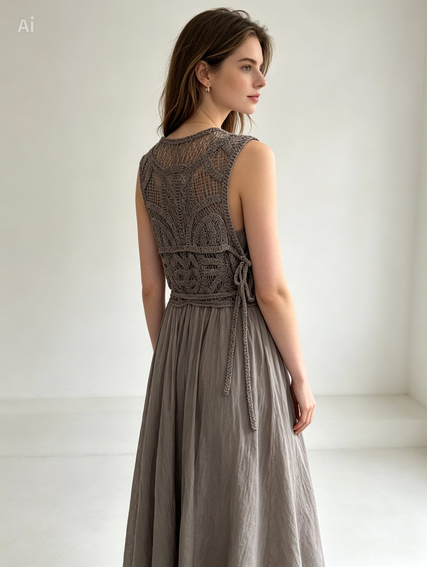 Part Crochet Maxi Summer Dress , Taupe
