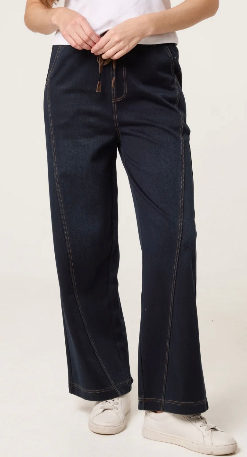 QED London Wide Legged Drawstring Waist Stretch Jean/ Trousers