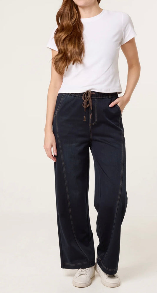 QED London Wide Legged Drawstring Waist Stretch Jean/ Trousers