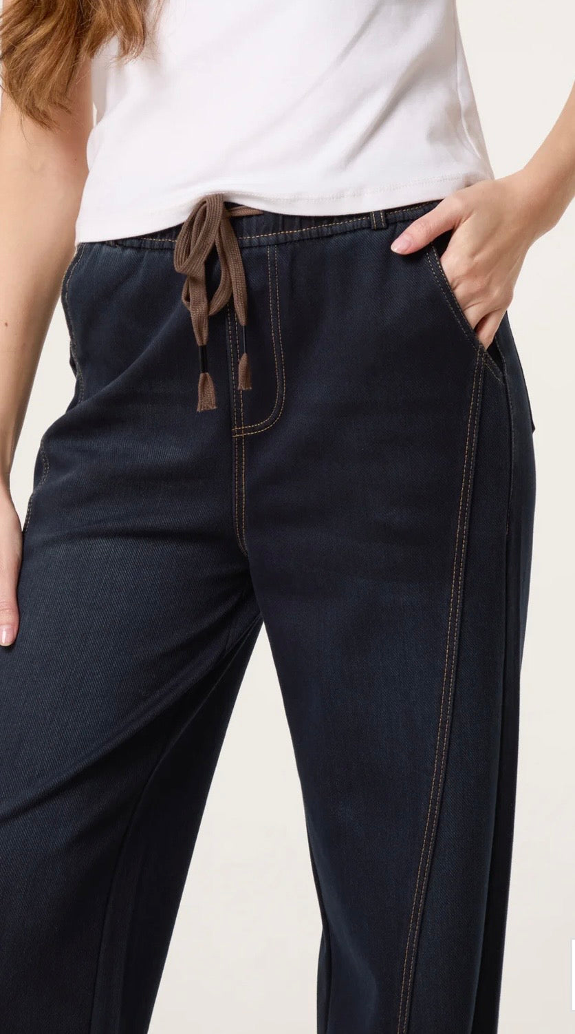 QED London Wide Legged Drawstring Waist Stretch Jean/ Trousers