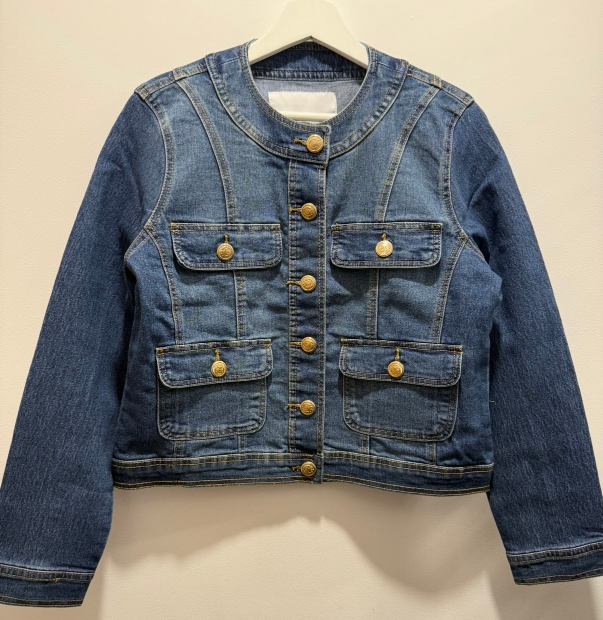 Denim Jacket , Collarless, Blue