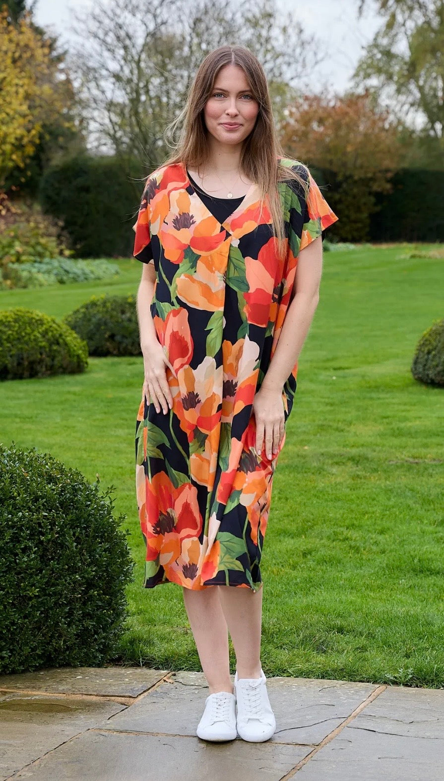 Flower Print, Midi , Tunic Style, Navy, Green and Aqua Blue Dress With Pockets by Dreams