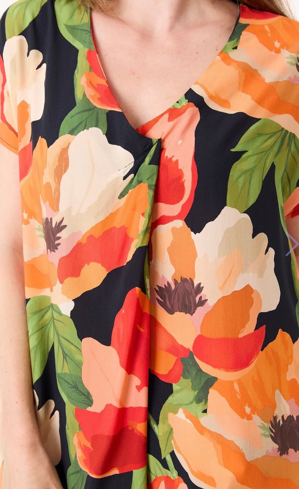 Flower Print, Midi , Tunic Style, Navy, Green and Aqua Blue Dress With Pockets by Dreams