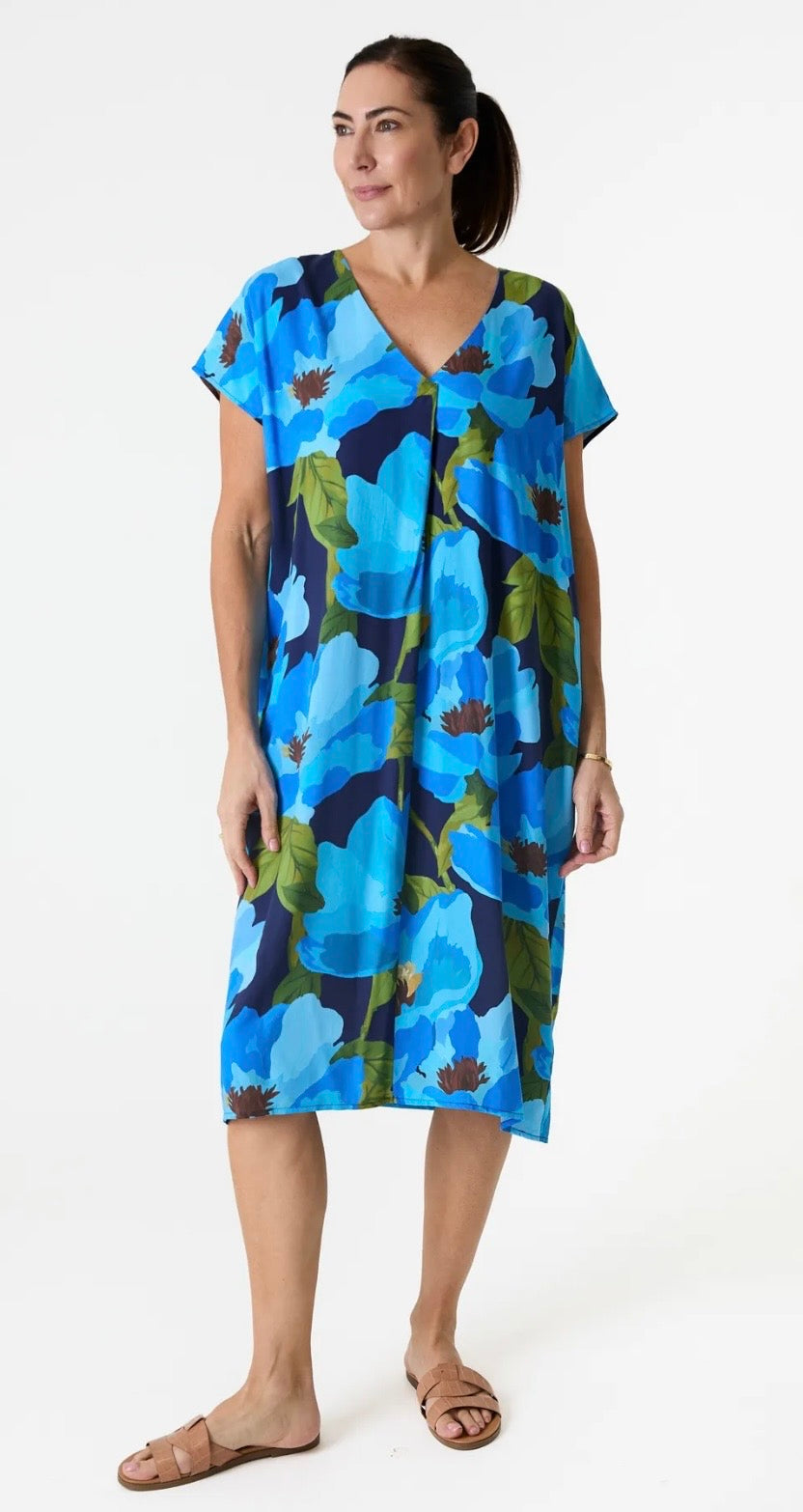 Flower Print, Midi, Tunic Style, Black, Red and Orange, Dress With Pockets by Dreams