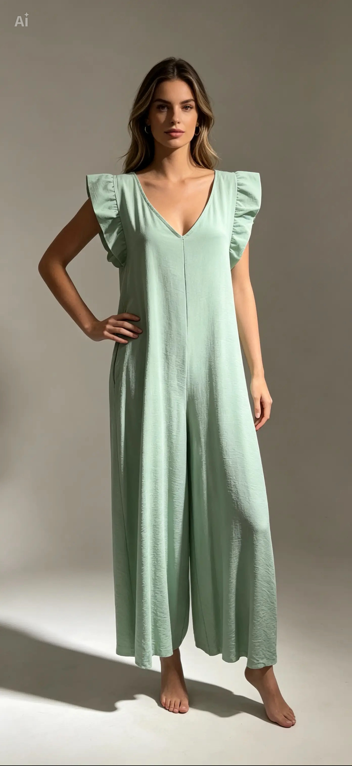 Light Green , Wide Legged, Jumpsuit, With Frill Sleeves .
