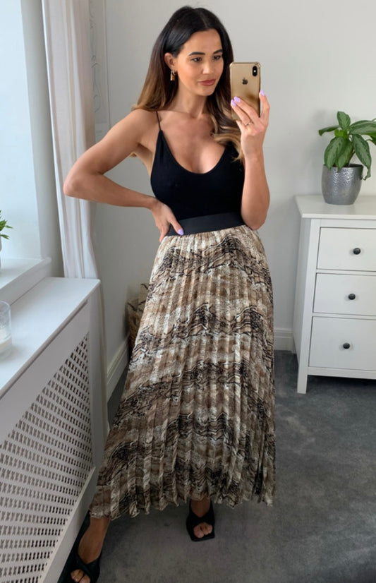 SIENNA Brown And Cream Printed Pleated Malissa J Skirt.