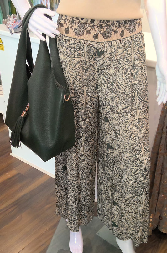 Khaki Patterned Wide Legged Trousers With Shirred Waistline