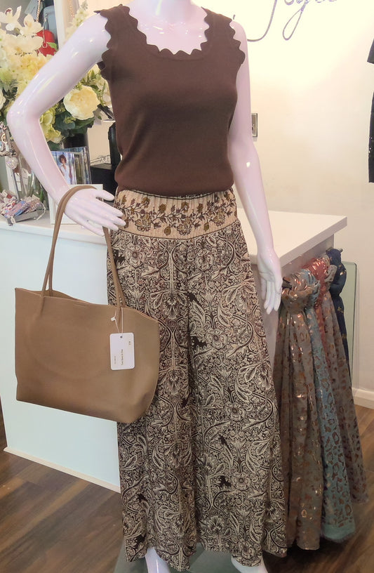 Chocolate Patterned Wide Leg Trousers With Shirred Waistline