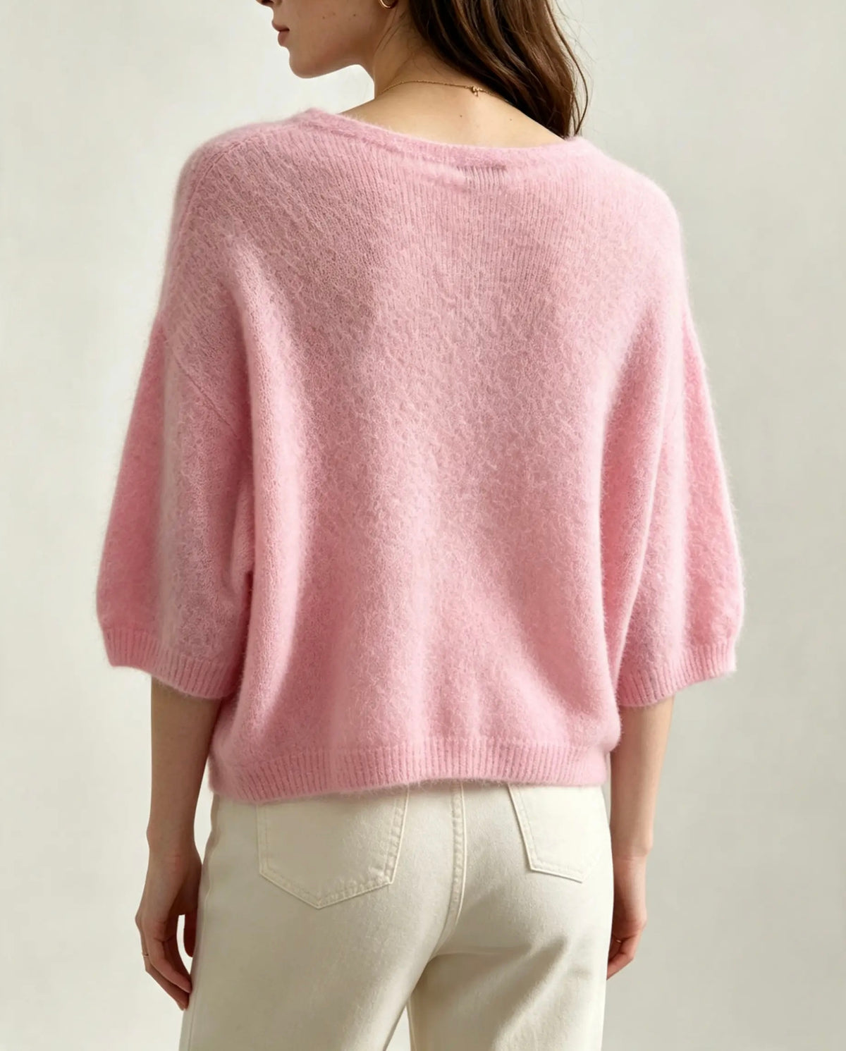 Drop Shoulder, Alpaca , Short Three Quarter Sleeve Jumper , Pink