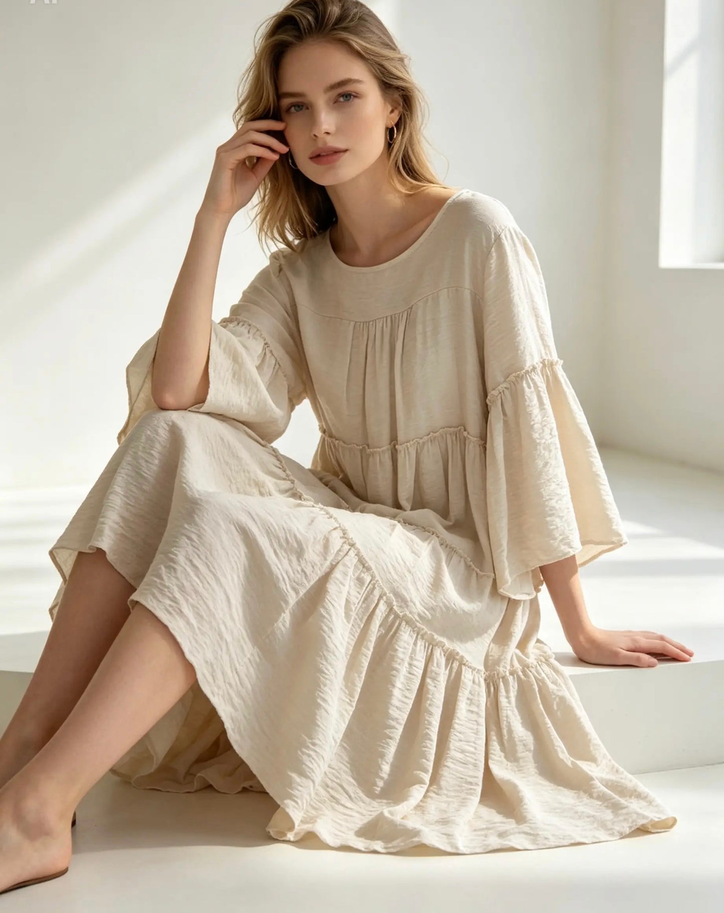 Tiered Smock Style Light Beige Knee Length, Midi Dress