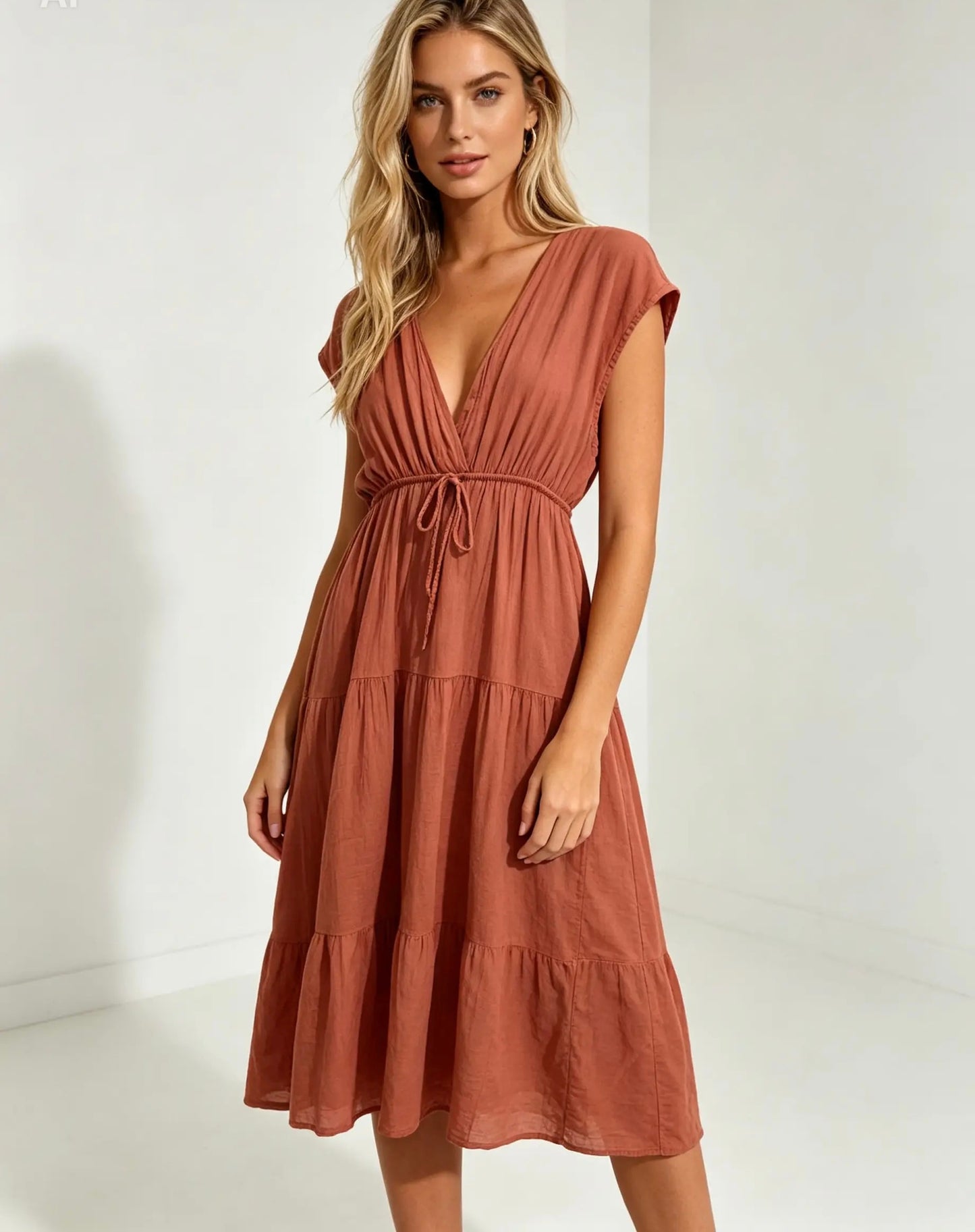 Deep Coral, Tiered ,V-neck , Sleeveless  Midi / Knee Length Dress