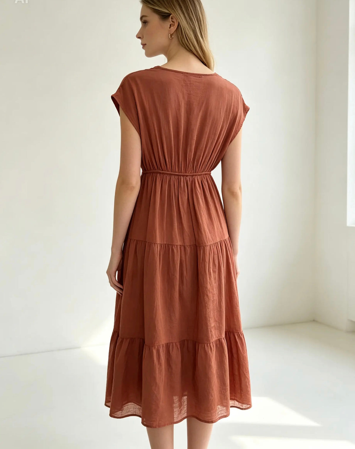 Deep Coral, Tiered ,V-neck , Sleeveless  Midi / Knee Length Dress
