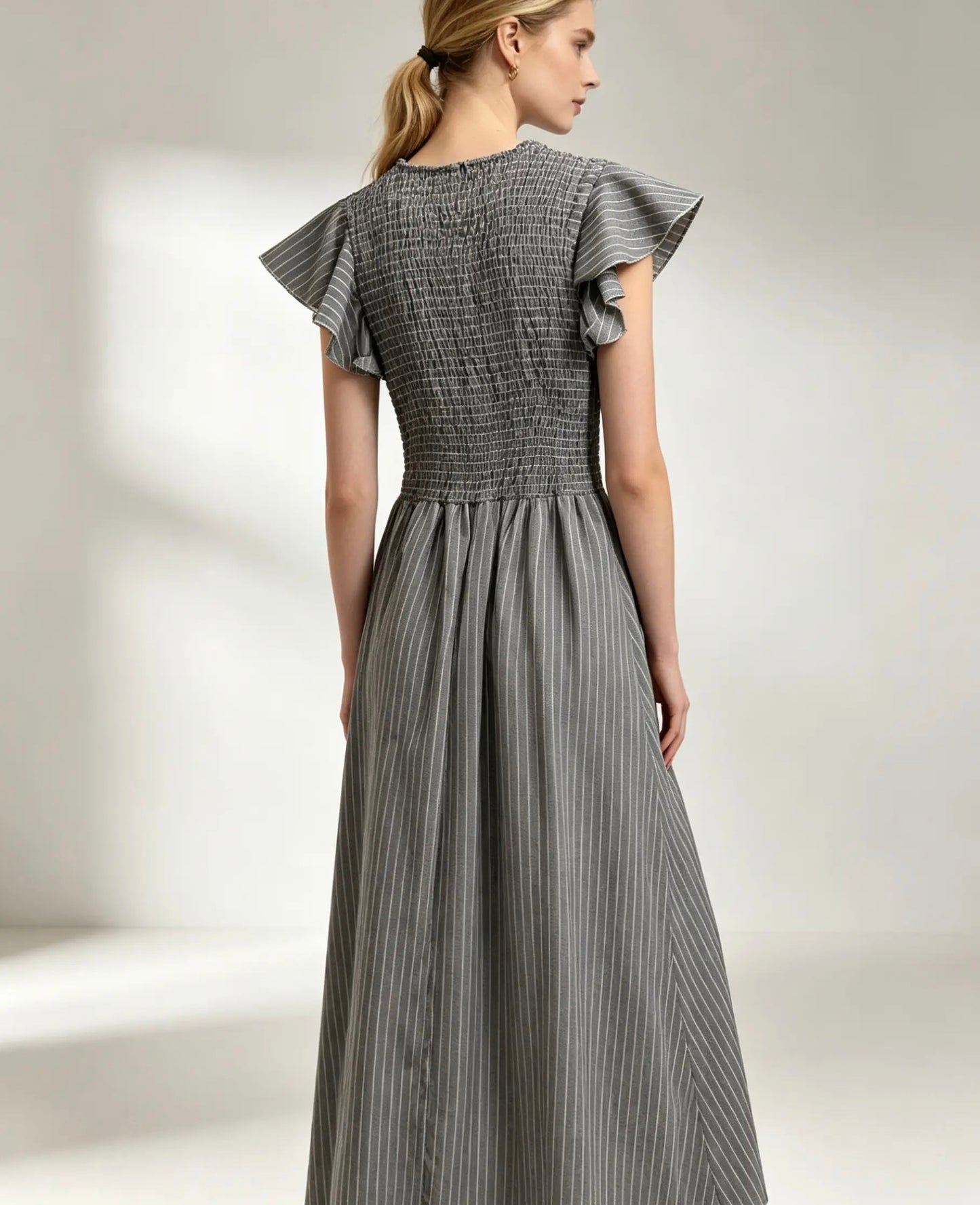 Grey and White Striped Maxi, Midi, Shirred Dress With Frill Sleeves