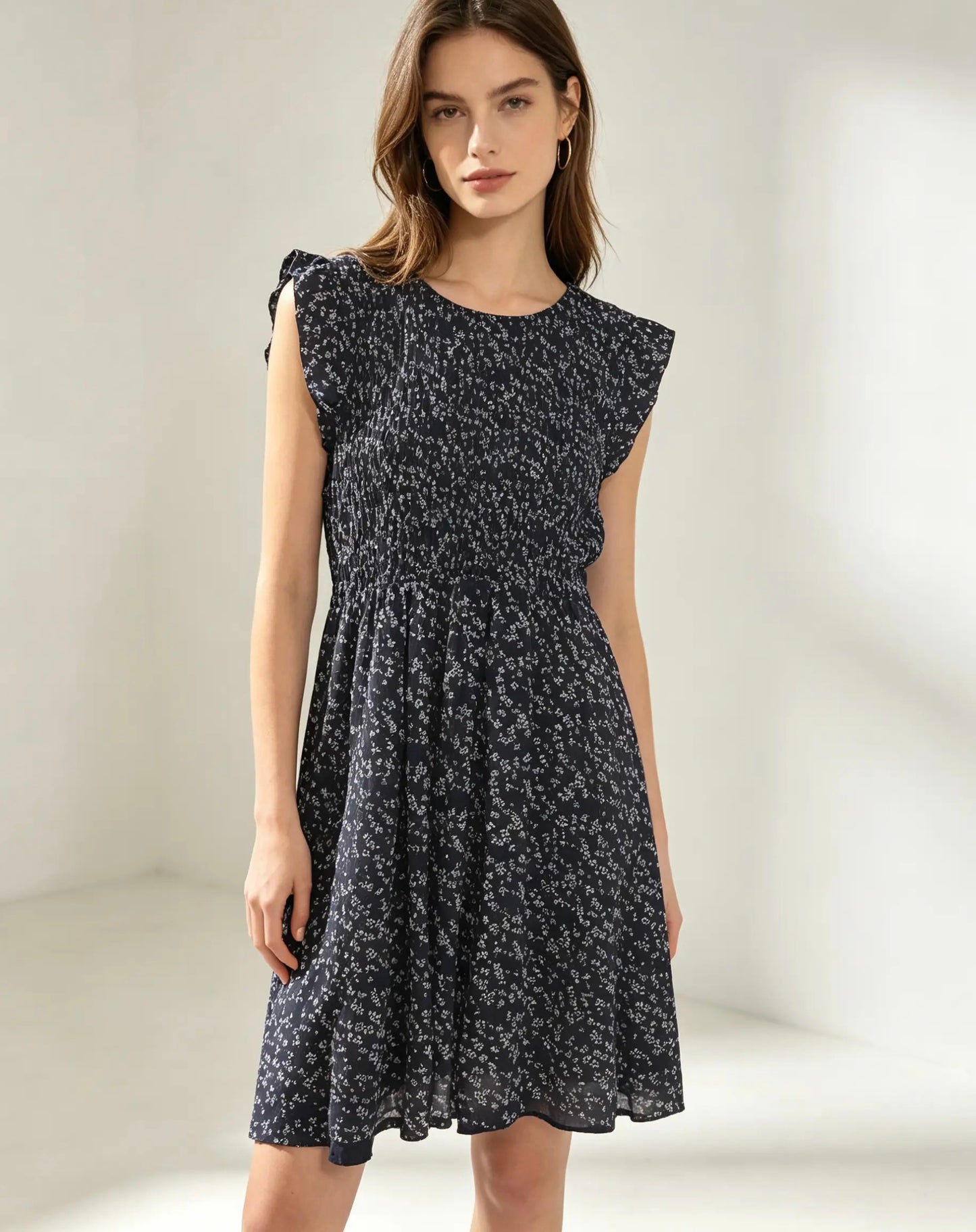 Shirred, Frill Sleeve, Ditsy Print, Navy Blue , Ladies < Dress