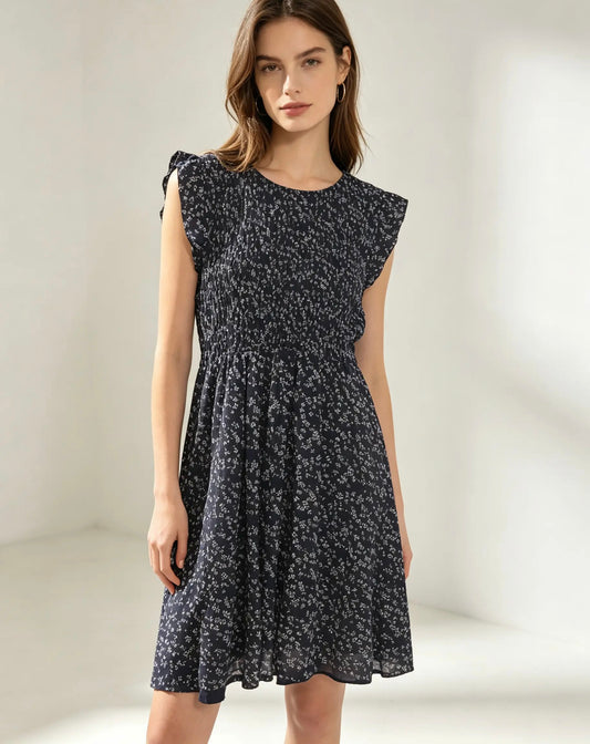 Shirred, Frill Sleeve, Ditsy Print, Navy Blue , Ladies < Dress