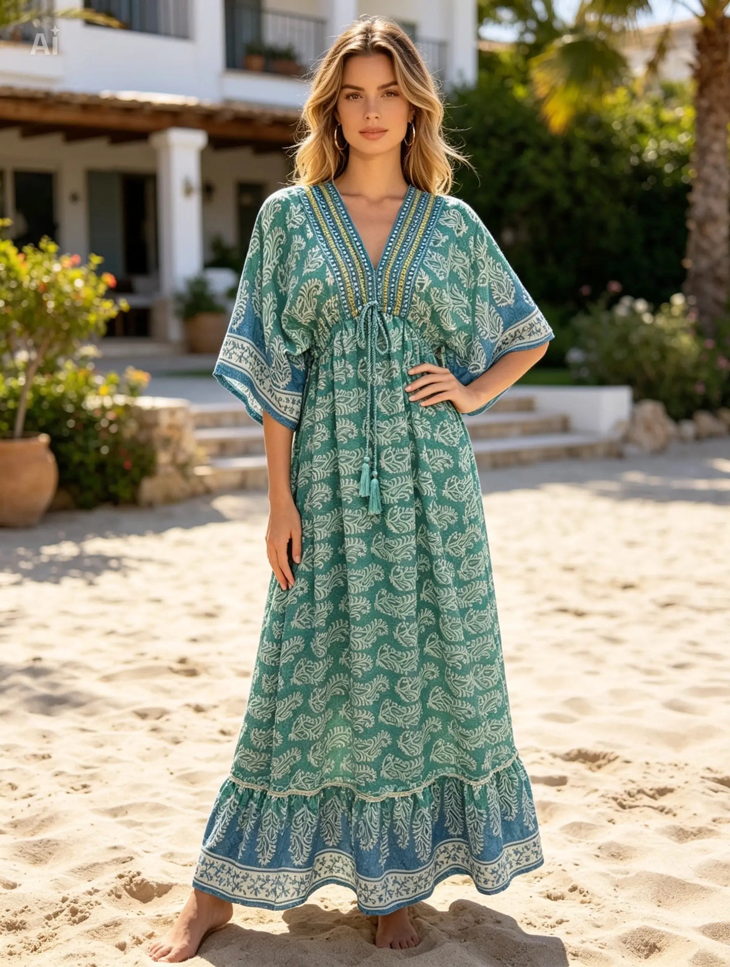 Turquoise , Green, Kaftan Style, Dress With Mirrored Detail, Hand Made