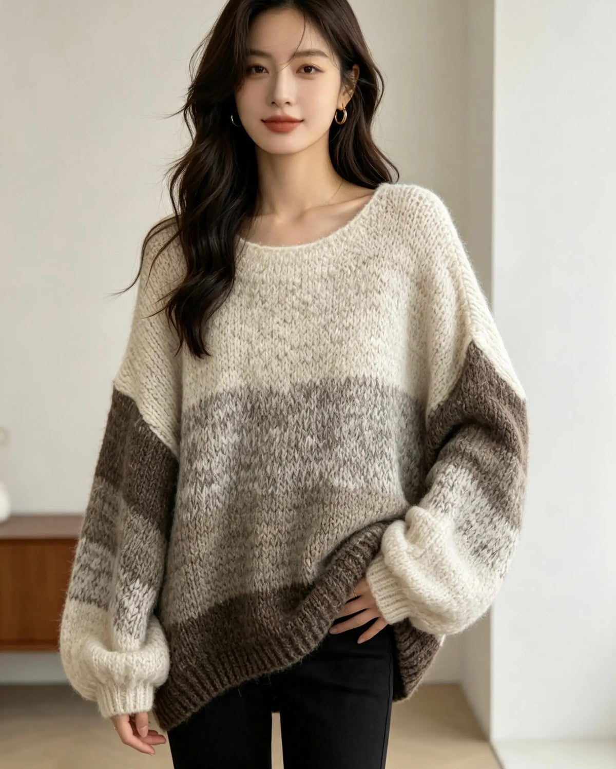 Oversized, Sloppy Joe, Long Sleeve, Jumper , Blue and Cream