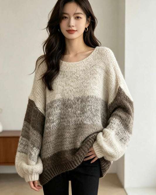 Oversized, Sloppy Joe, Long Sleeved, Jumper, Brown and Cream