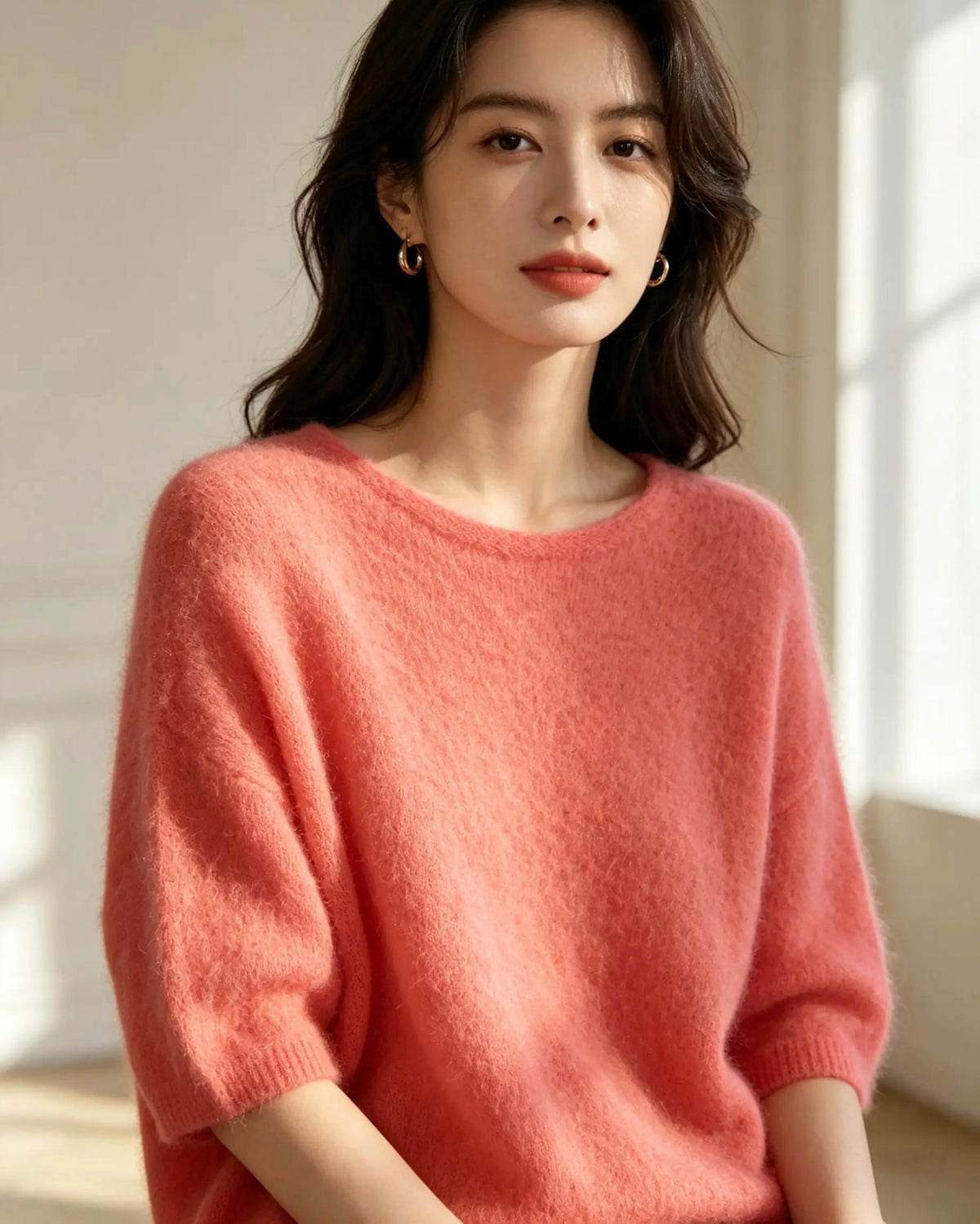 Drop Shoulder, Alpaca, Short Three Quarter Length Sleeve Jumper, Blue