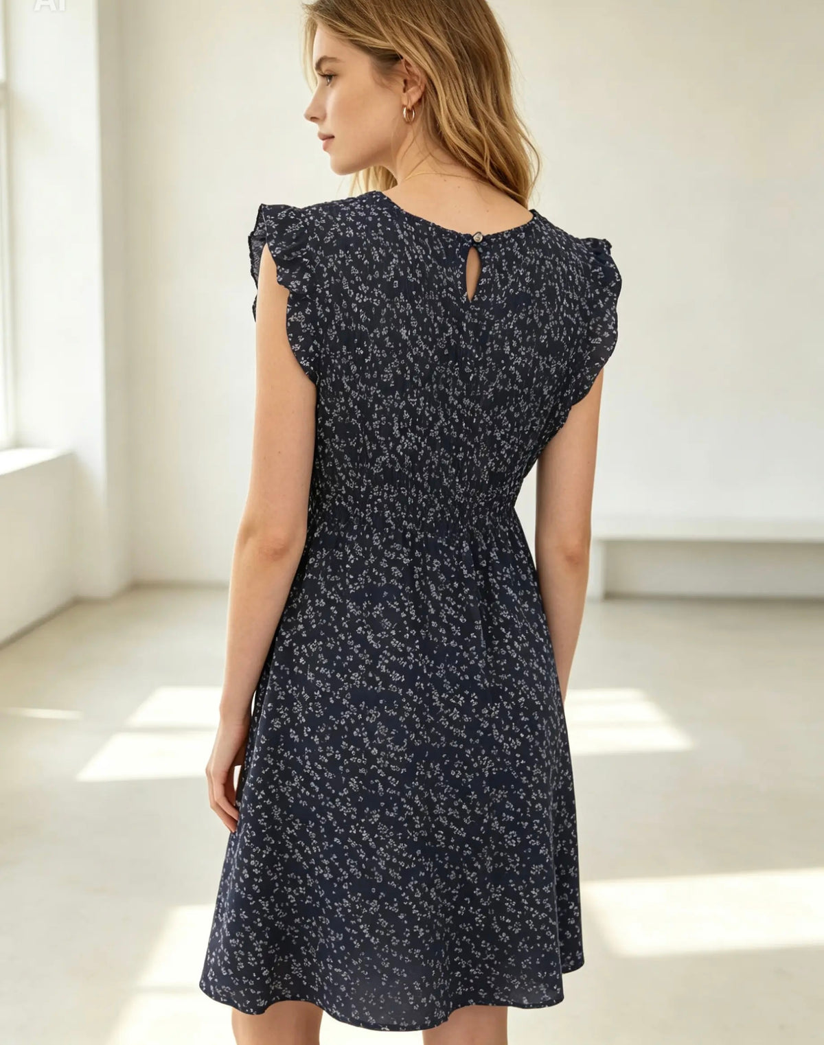 Shirred, Frill Sleeve, Ditsy Print, Navy Blue , Ladies < Dress