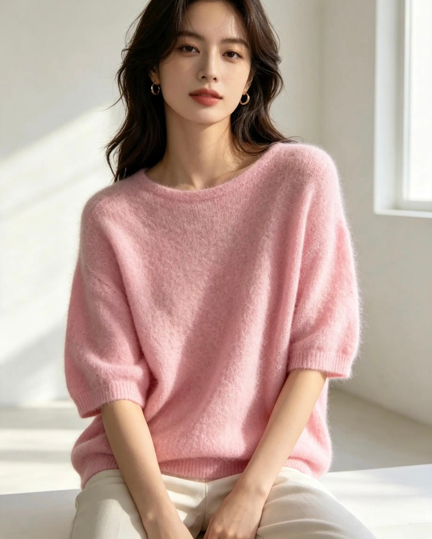 Drop Shoulder , Alpaca, Short Three Quarter Sleeve Jumper, Green