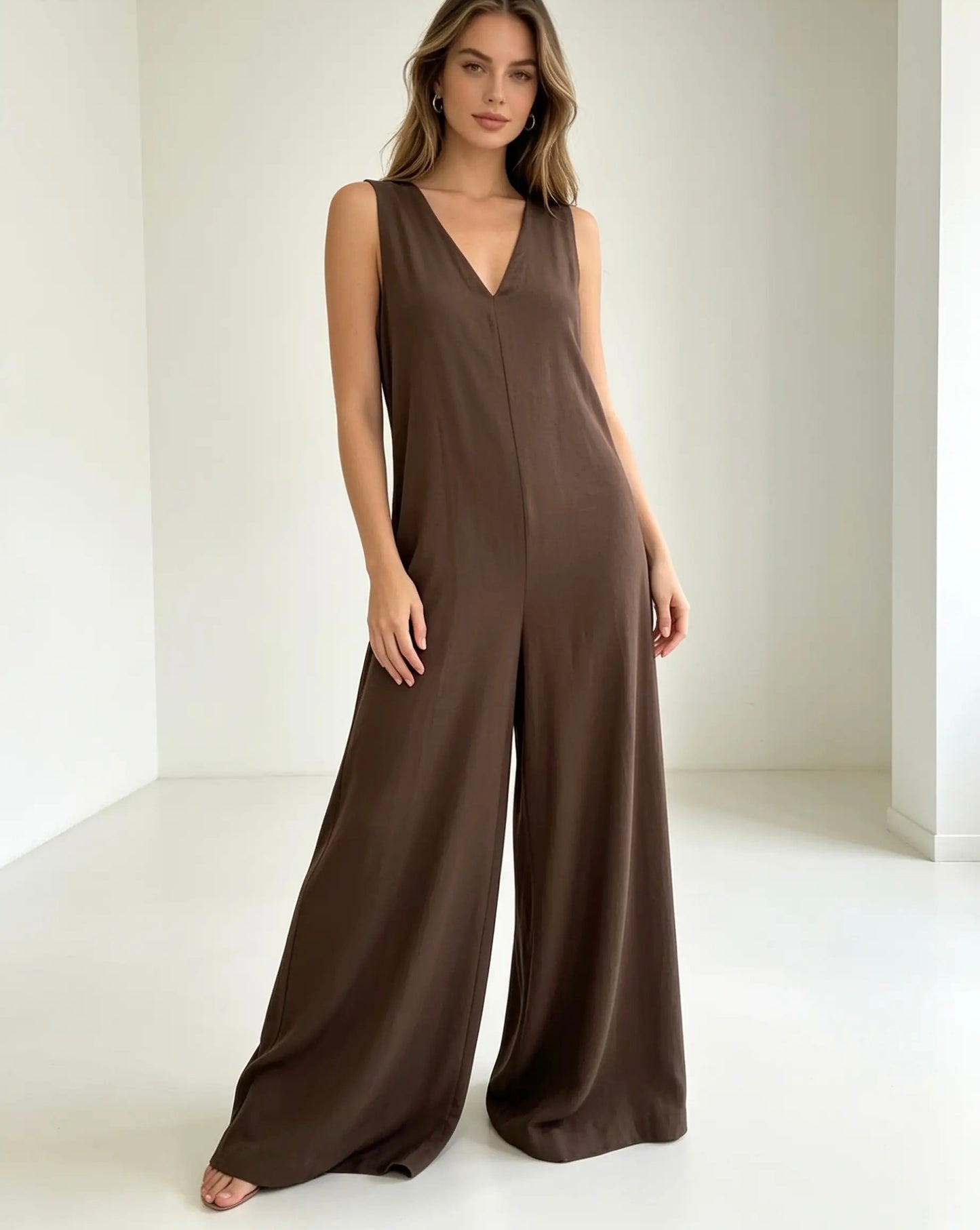 Wide Legged Chocolate Brown, Sleeveless, Jumpsuit