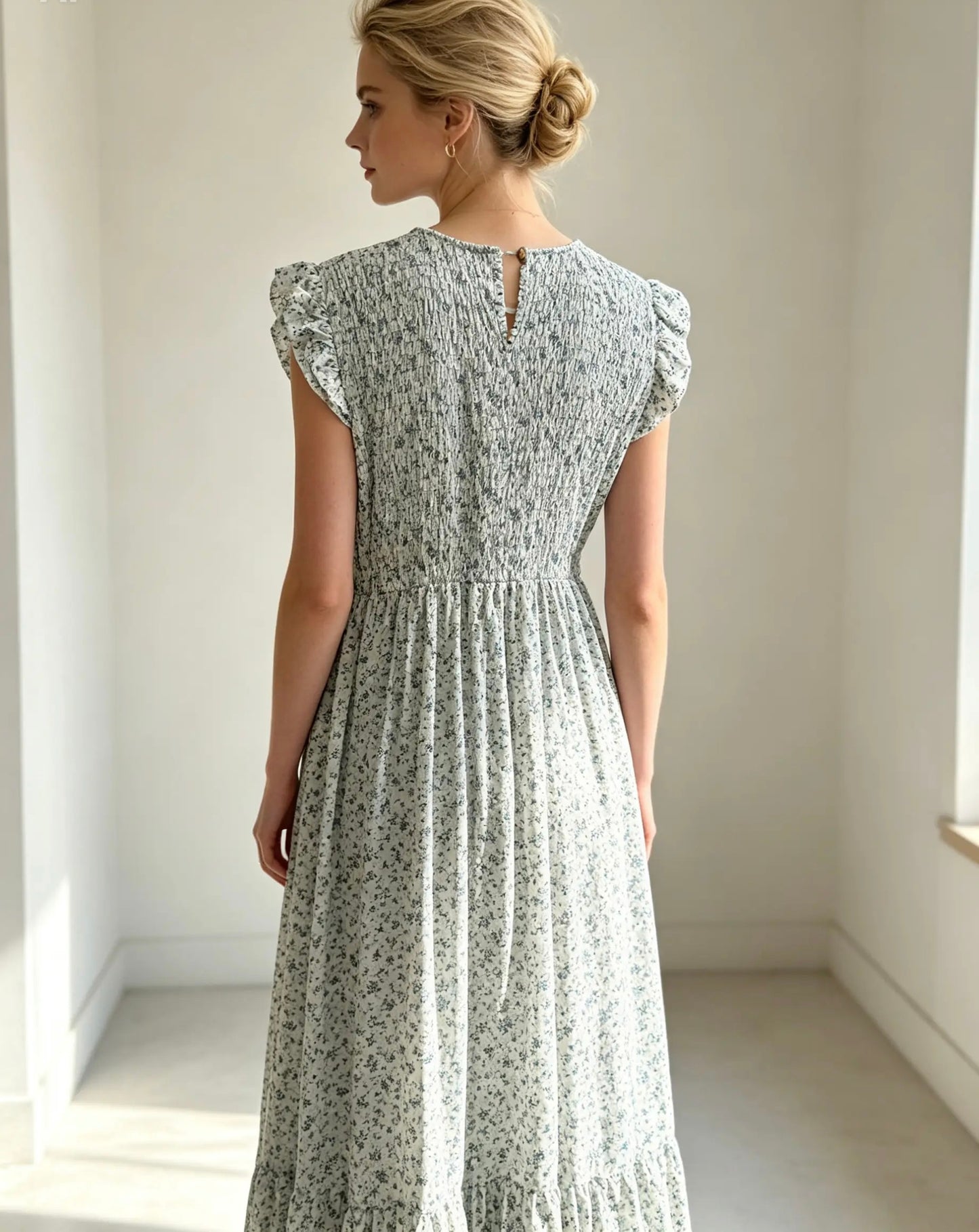 Shirred , Frill Sleeve, Light Green, Ditsy Print, Ladies Dress