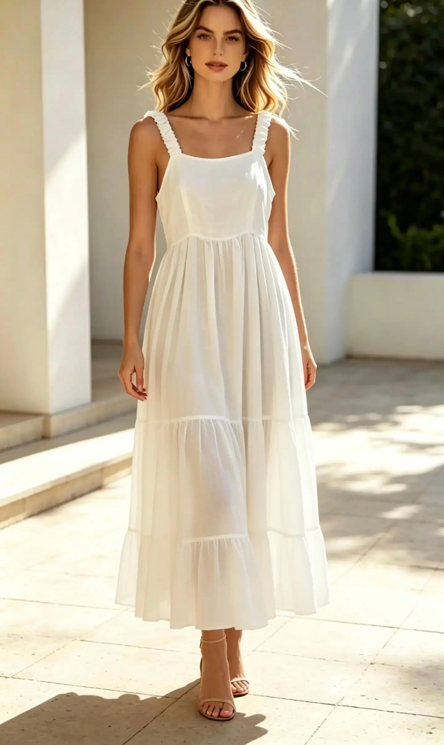 White, Tiered, Drop Back , Linen Mix, Ladies Dress
