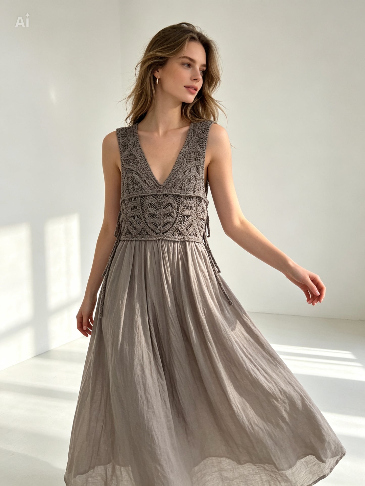 Part Crochet Maxi Summer Dress , Taupe