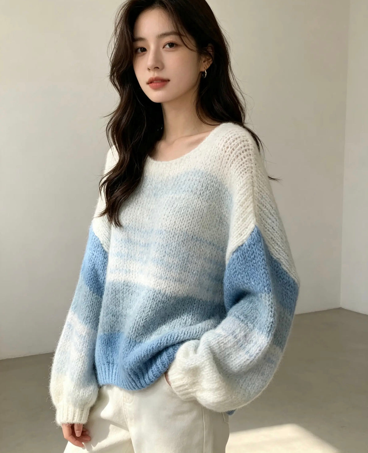 Oversized, Sloppy Joe, Long Sleeve, Jumper , Blue and Cream