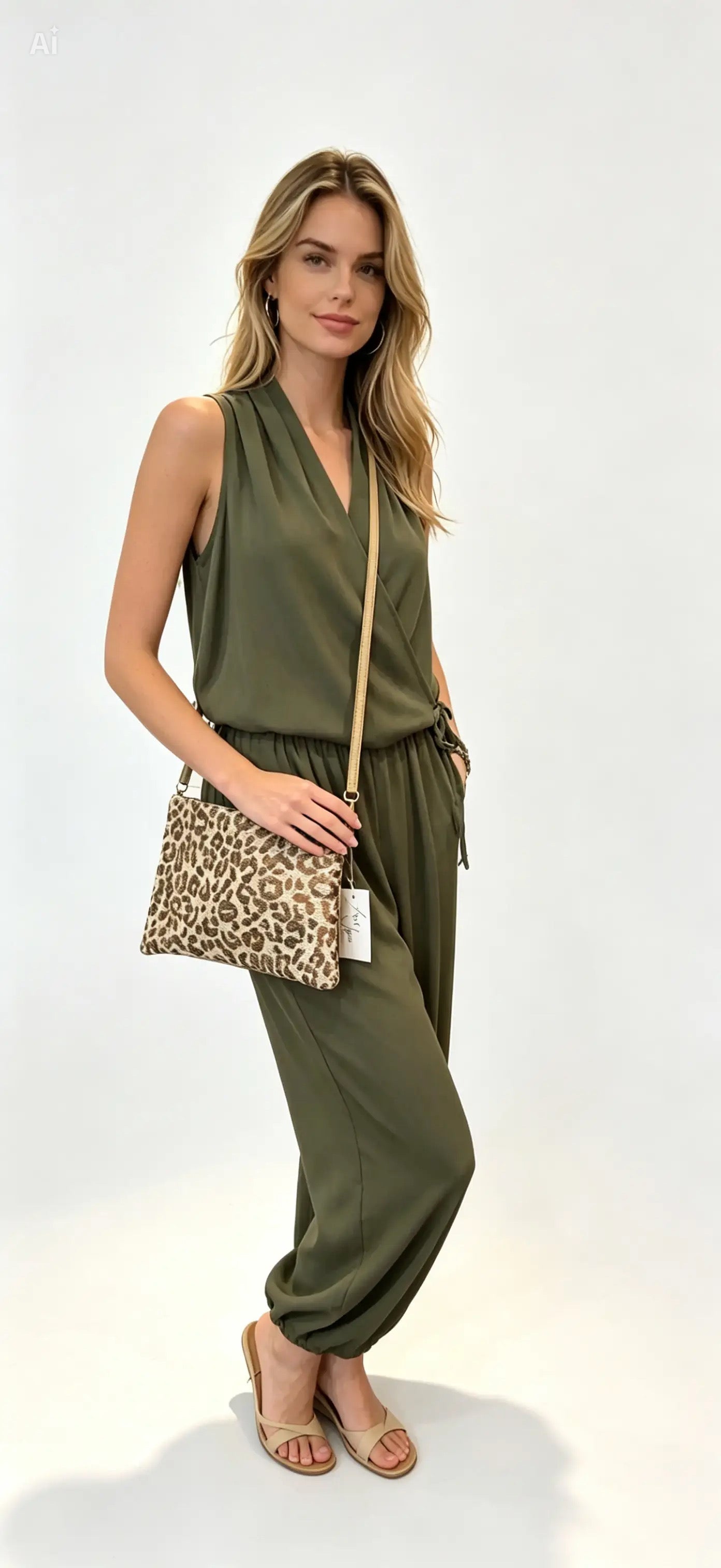 Two piece Co-ord Set, Halterneck Top and Balloon Trousers, Khaki