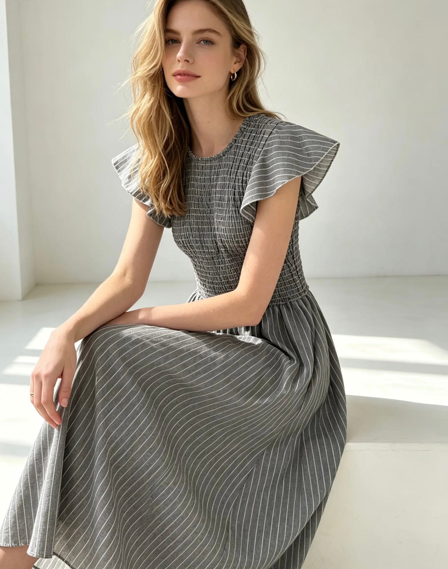 Grey and White Striped Maxi, Midi, Shirred Dress With Frill Sleeves