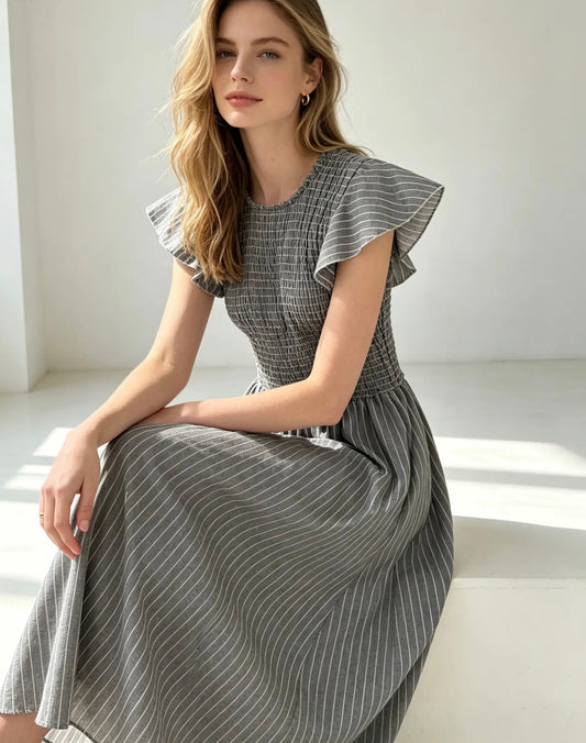 Grey and White Striped Maxi, Midi, Shirred Dress With Frill Sleeves