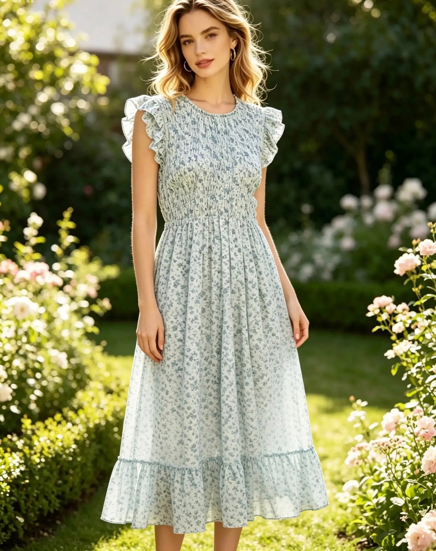 Shirred , Frill Sleeve, Light Green, Ditsy Print, Ladies Dress