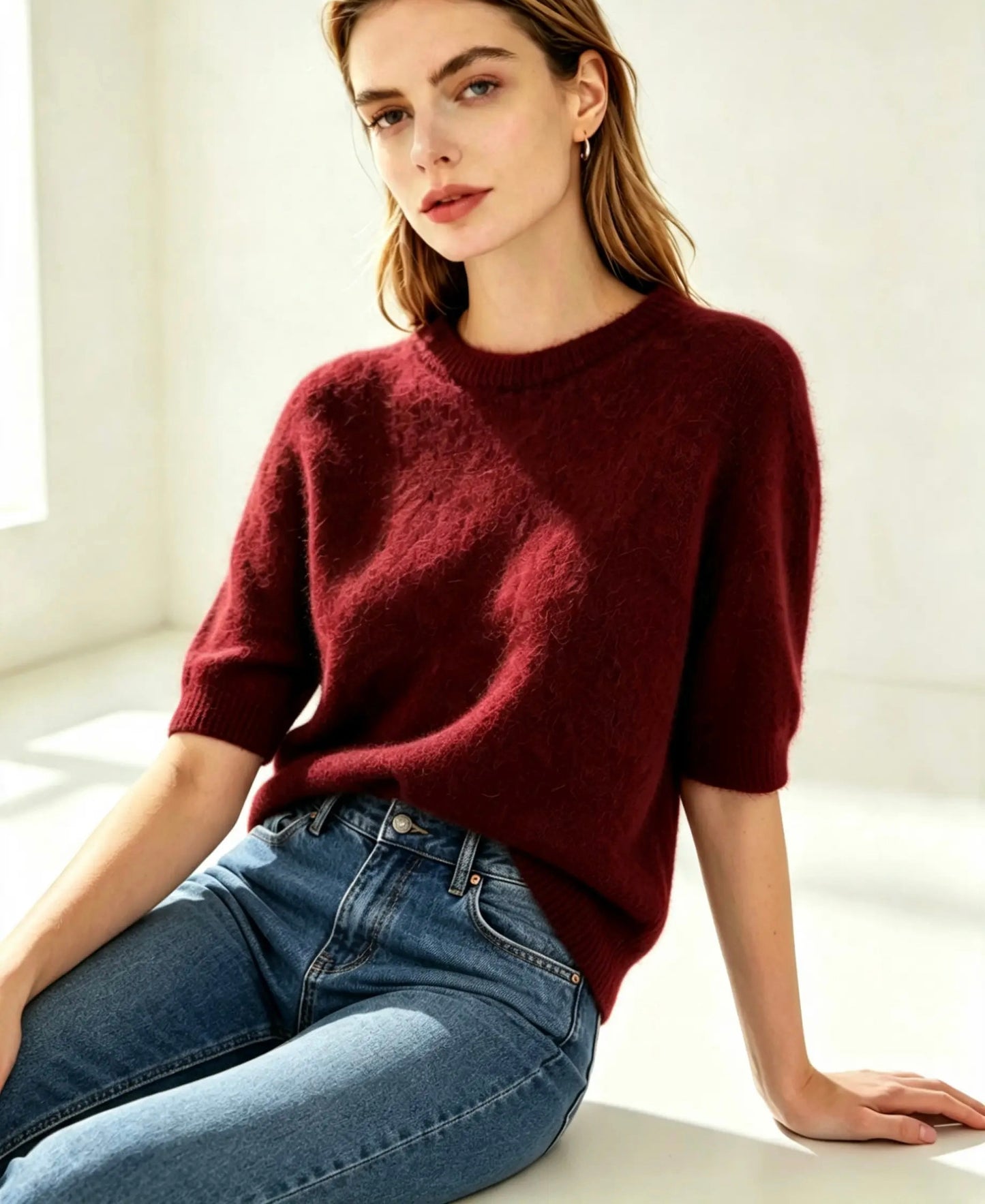 Short Sleeved, Alpaca , Jumper, Burgundy
