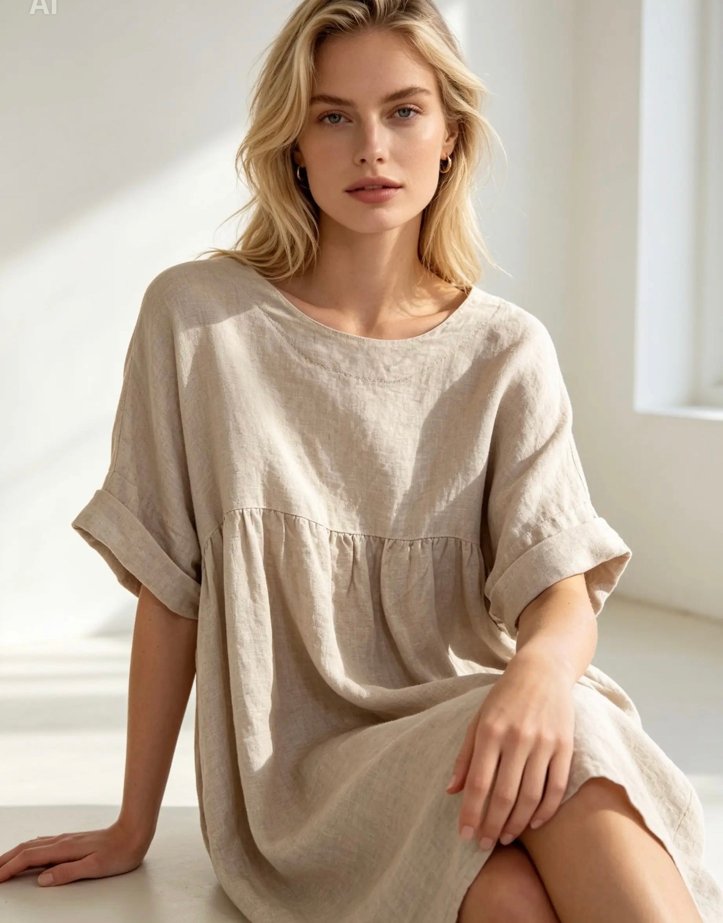 Linen Tunic Wide Neckline Natural Knee Length, Midi Dress